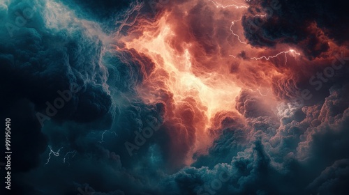 A close-up of storm clouds swirling overhead, with flashes of lightning illuminating the sky