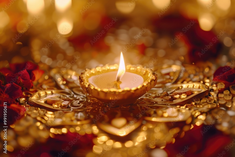 A lit candle sits atop a golden plate, evoking warmth and luxury A lit candle sits atop a golden plate, evoking warmth and luxury