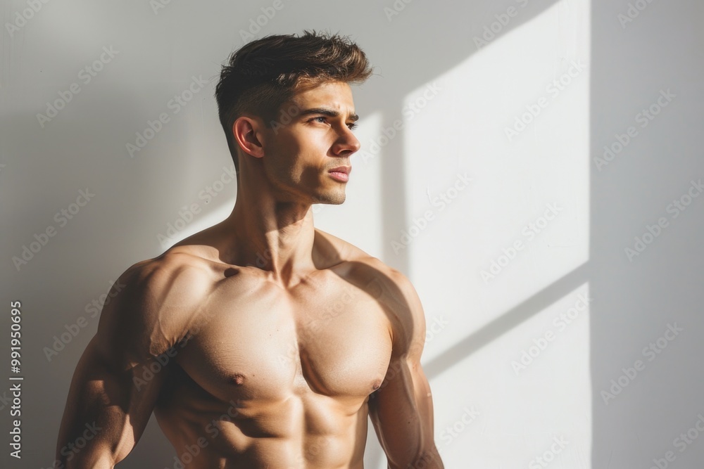 Fototapeta premium A shirtless man stands by a window, looking out