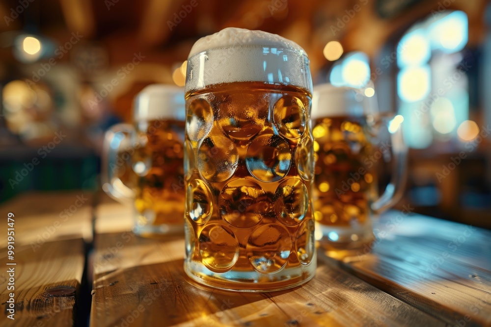 A collection of mugs filled with beer placed on a wooden table, ideal for use in illustrations about social gatherings or casual events A collection of mugs filled with beer placed on a wooden table, ideal for use in illustrations about social gatherings or casual events