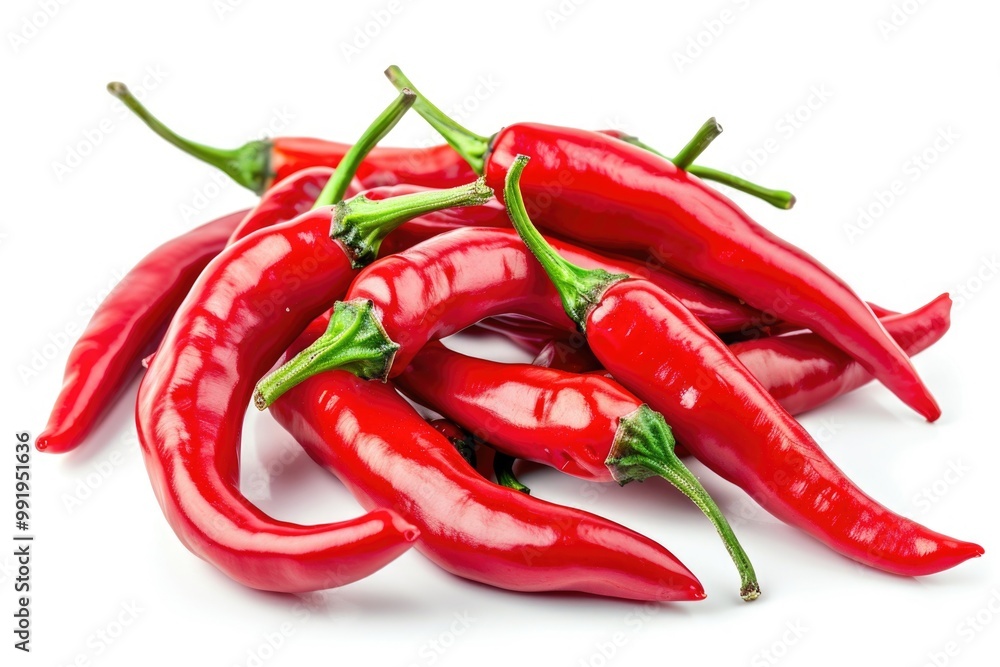 A stack of fiery red hot peppers on a clean white surface A stack of fiery red hot peppers on a clean white surface