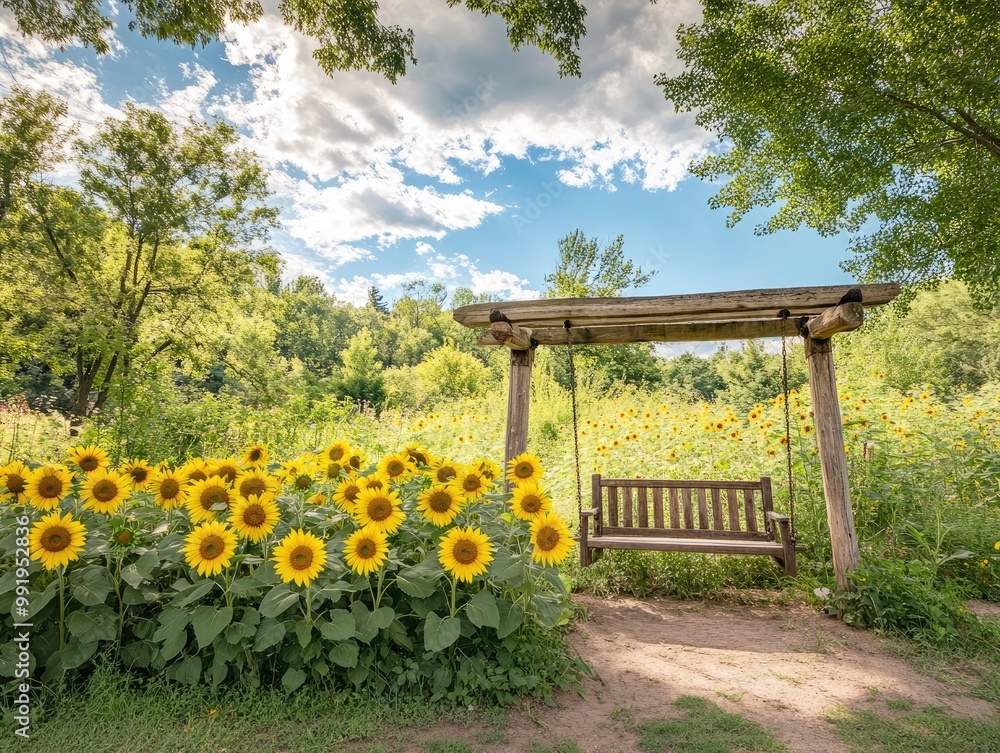 Sunflowers Towering Over a Secret Garden Swing Sunflowers Towering Over a Secret Garden Swing