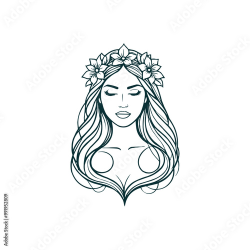Vector pretty girl and flowers logo feminine and floral design, beautiful girl line art logo design
