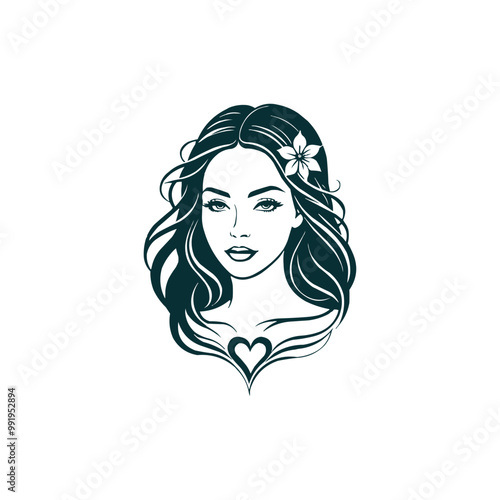Vector pretty girl and flowers logo feminine and floral design, beautiful girl line art logo design