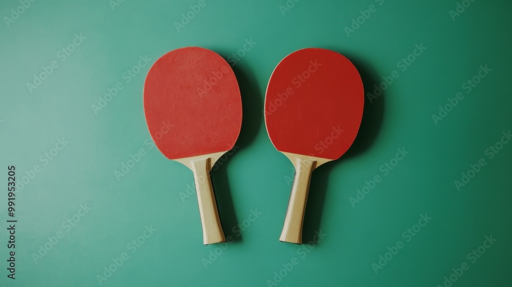 Two red table tennis paddles arranged symmetrically on a green background in a flat lay style Two red table tennis paddles arranged symmetrically on a green background in a flat lay style