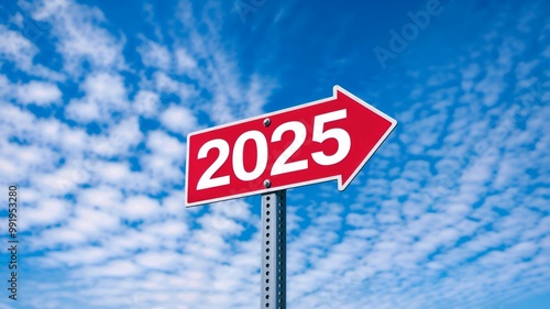 2025 Red Arrow Signpost Series: Visionary Path to Business Growth, Startup Success, and Future Challenges under Vibrant Blue Skies, 2025  New Year This Way Sign