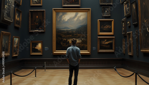 Man standing middle of art gallery looking paintings on display wall