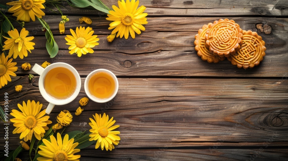 Fototapeta premium Two cups of tea sit next to a bouquet of bright yellow flowers, perfect for a cozy afternoon