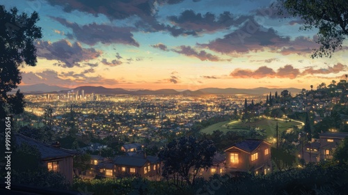 An expansive dusk scene with city lights glowing from buildings in the foreground, green hills in the distance,