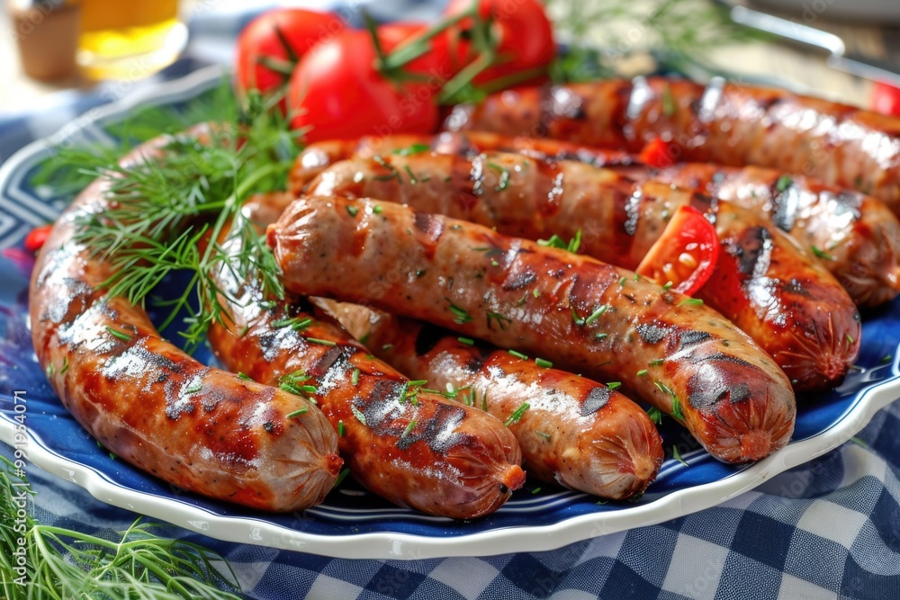 A plate of sausages and tomatoes served on a table A plate of sausages and tomatoes served on a table