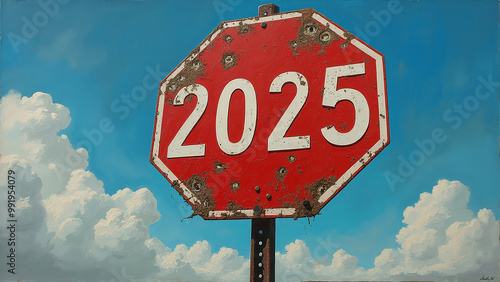 Weathered Red Road Sign with Bullet Holes and Number 2025