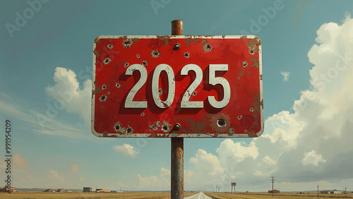 Obraz na płótnie Weathered Red Road Sign with Bullet Holes and Number 2025 w salonie