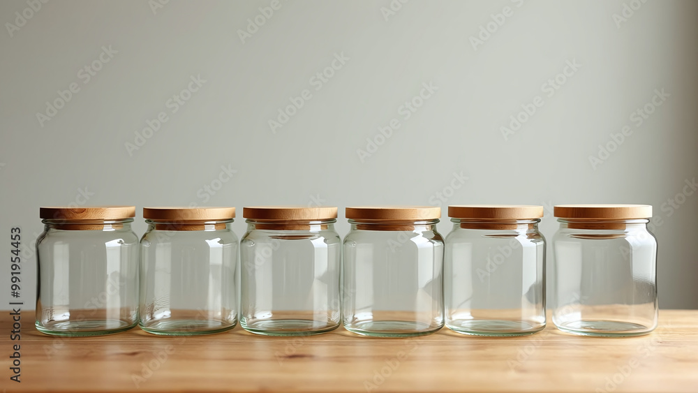 Row of Empty Glass Jars with Wooden Lids and Sunlit Shadows Row of Empty Glass Jars with Wooden Lids and Sunlit Shadows
