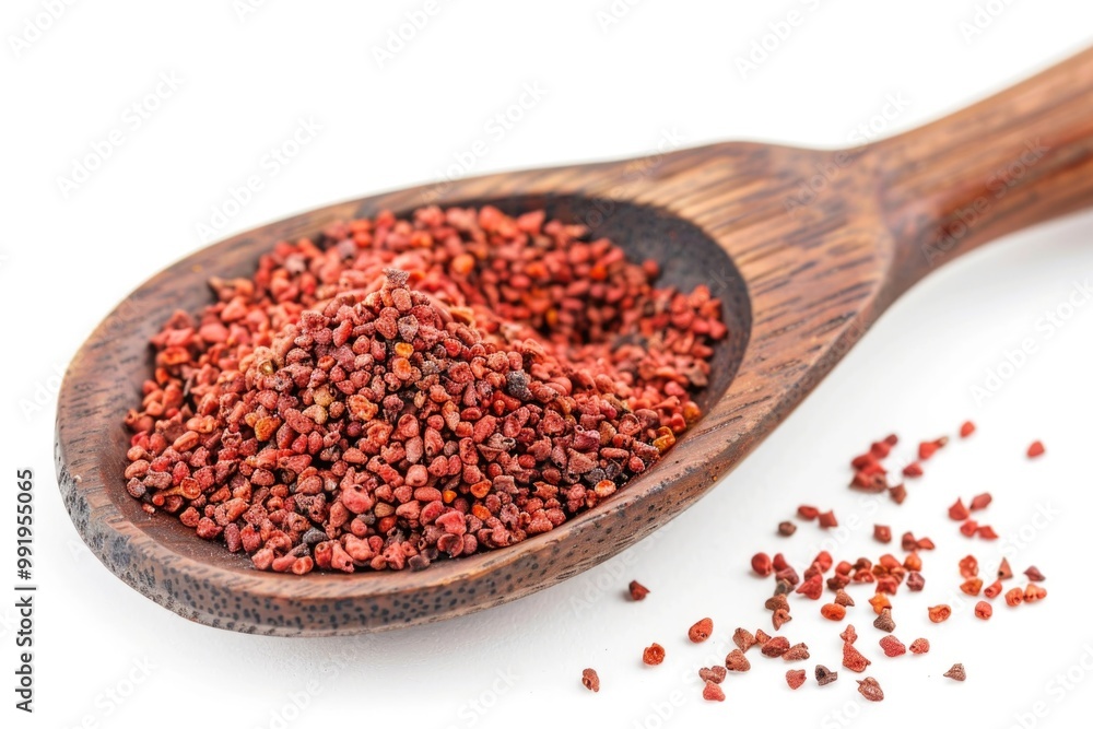 A wooden spoon filled with red seeds sitting on a white surface A wooden spoon filled with red seeds sitting on a white surface