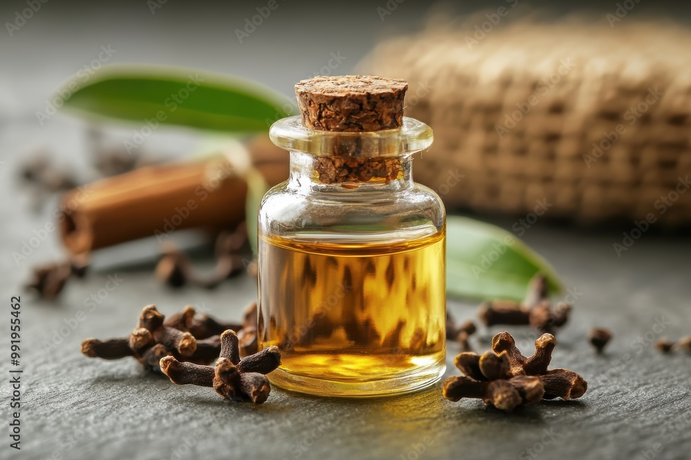 glass bottle of clove oil with cloves and leaves, promoting holistic wellness concept glass bottle of clove oil with cloves and leaves, promoting holistic wellness concept