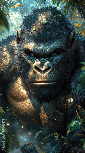 A powerful gorilla stands amidst lush greenery in a jungle, showcasing its strength and intensity under the warm sunlight