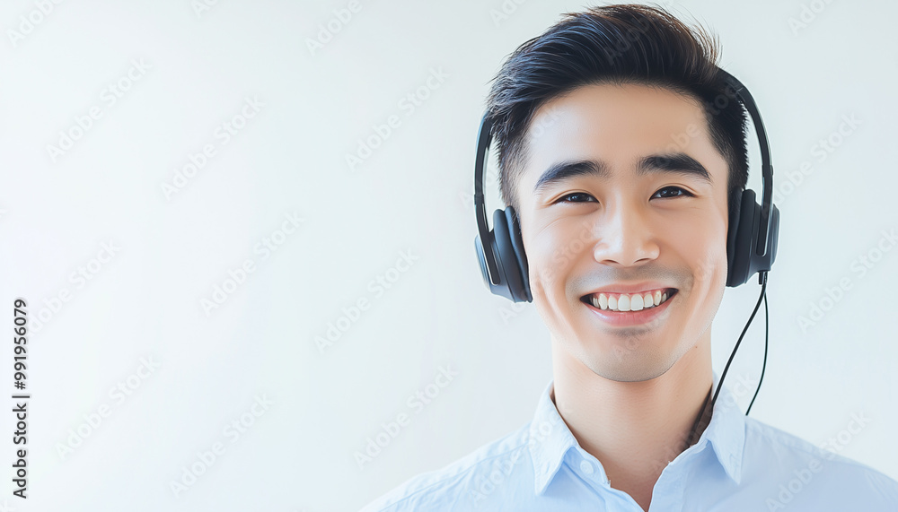 Call center person with confident smile and headphones, light white background Call center person with confident smile and headphones, light white background