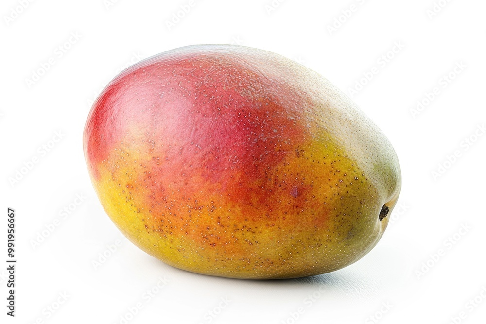 A fresh single mango on a clean white surface A fresh single mango on a clean white surface