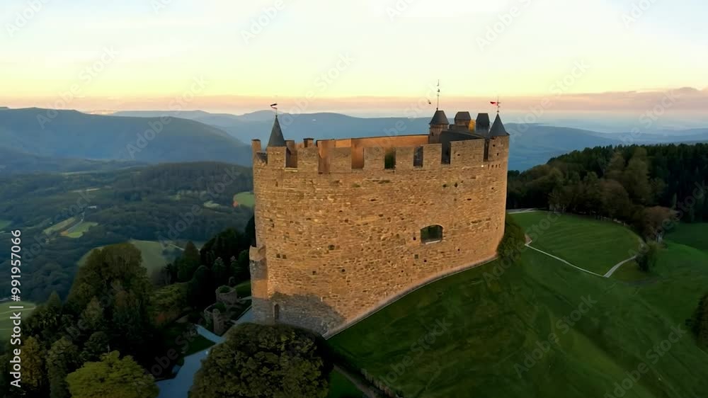 A grand stone castle stands on a hillside, surrounded by rolling greenery and distant mountains, illuminated by the warm glow of sunset, showcasing its historical significance A grand stone castle stands on a hillside, surrounded by rolling greenery and distant mountains, illuminated by the warm glow of sunset, showcasing its historical significance