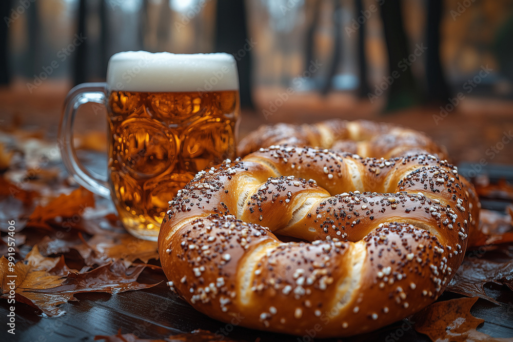 A close-up of a giant pretzel with a frothy beer mug in the background, surrounded by autumn leaves. A close-up of a giant pretzel with a frothy beer mug in the background, surrounded by autumn leaves.