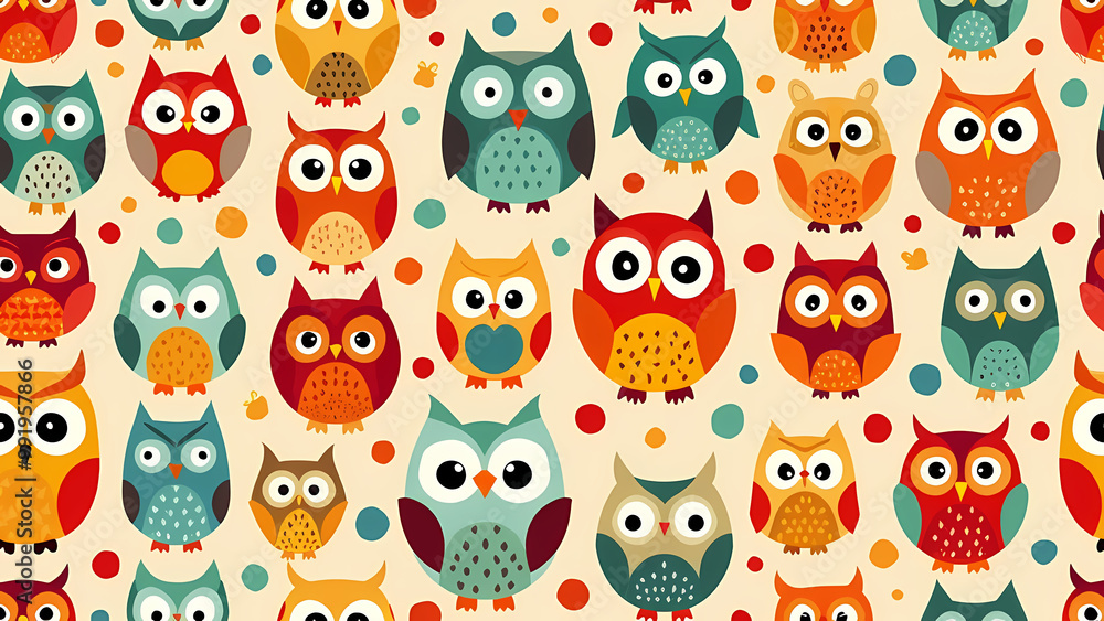 Fototapeta premium Colorful Owl Pattern with Hearts and Leaves