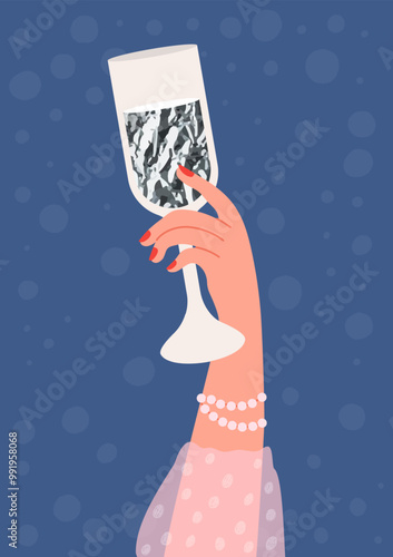 Elegant female hand with shiny silver drink in glass on blue background. Vector illustration 