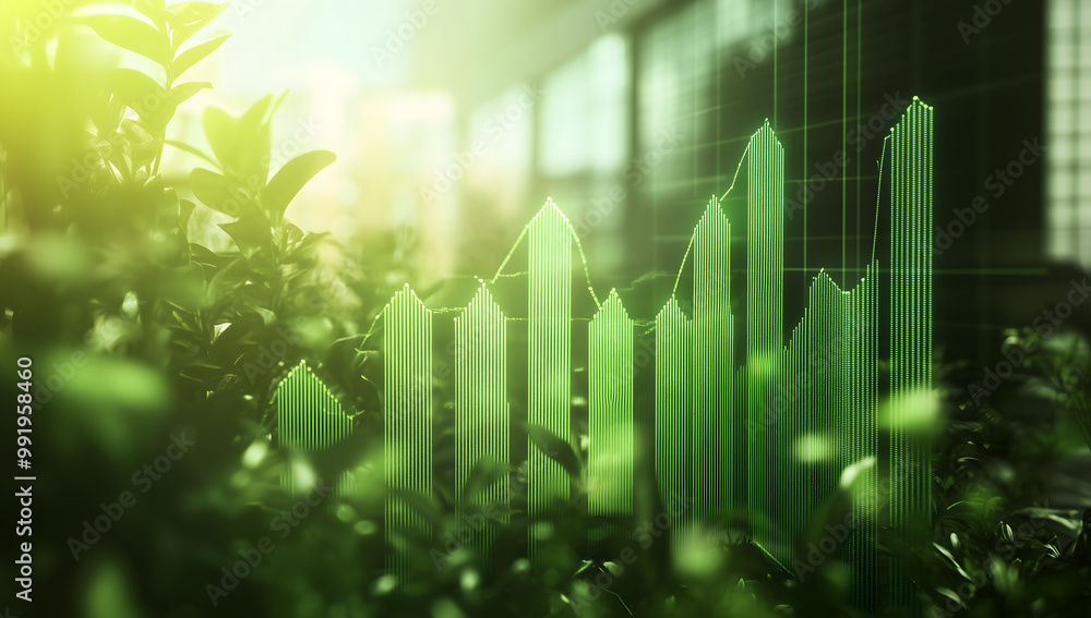 Digital green stock market chart with an upward-trending bar graph Digital green stock market chart with an upward-trending bar graph