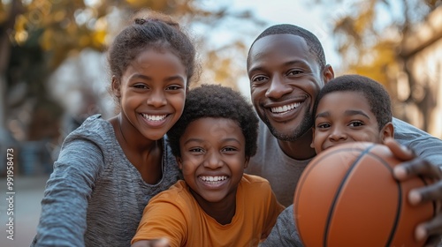 A joyful Black American family playing basketball together outdoors at a neighborhood court during a sunny afternoon