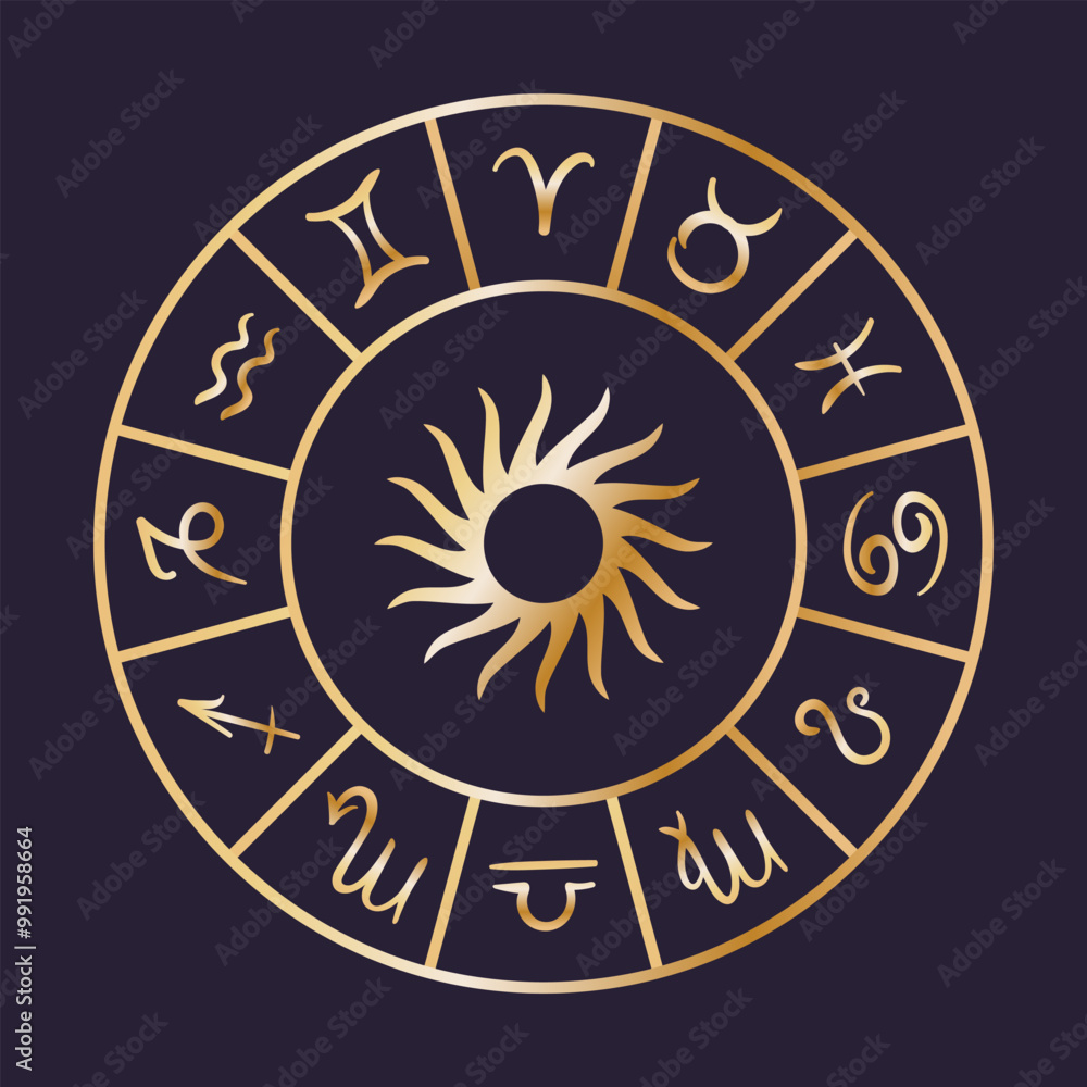 Fototapeta premium Astrological Zodiac Signs Wheel featuring the significant Sun Symbol at its center. celestial objects, astrology, mystical, space, predict the future