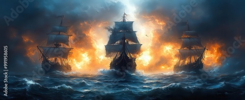 epic pirate standoff rugged captain faces two majestic ships dramatic lighting billowing sails sense of adventure and danger on high seas photo