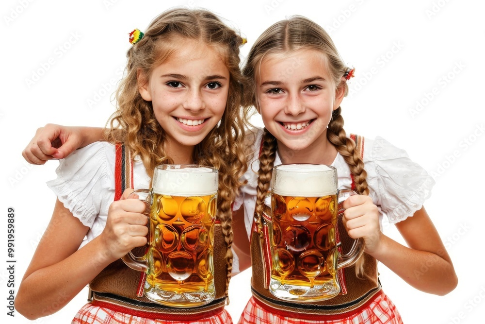 Two young women holding mugs of beer, socializing and having fun Two young women holding mugs of beer, socializing and having fun