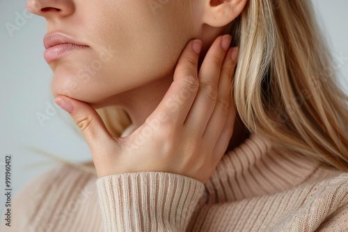 Close-up of a woman's hand touching her throat in pain