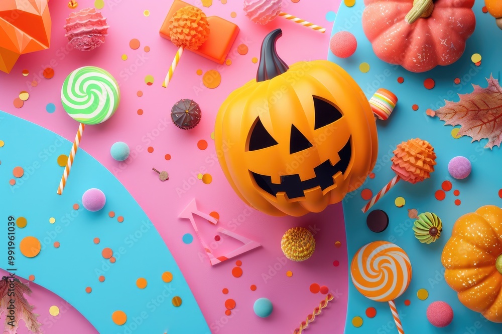 A pumpkin sits atop a table covered in various candies, perfect for a Halloween party or fall decoration A pumpkin sits atop a table covered in various candies, perfect for a Halloween party or fall decoration