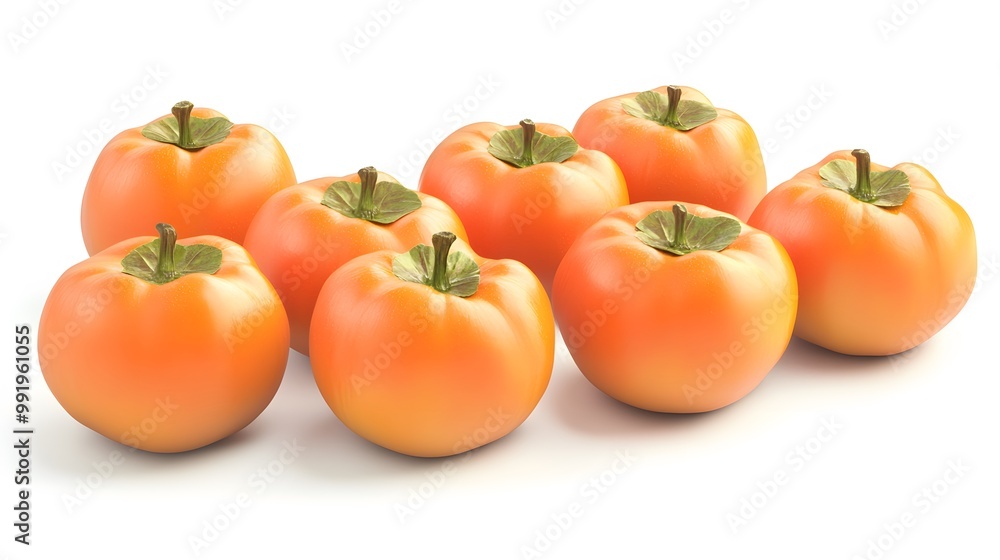 Realistic arrangement of whole persimmons on a white background, focusing on their vibrant orange skin and smooth surface Realistic arrangement of whole persimmons on a white background, focusing on their vibrant orange skin and smooth surface