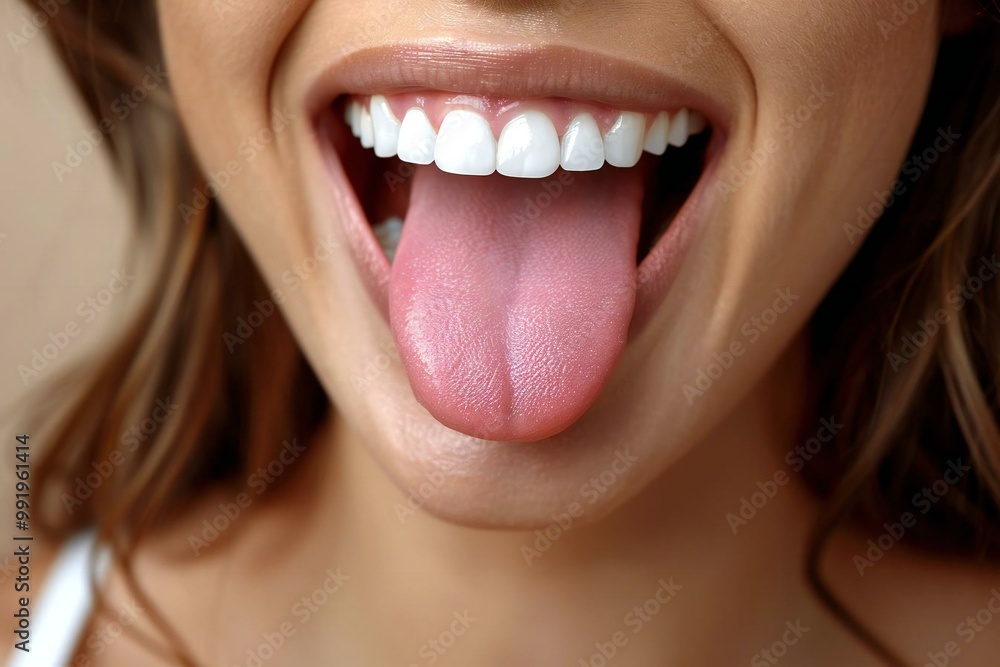Woman's Face Close-Up Revealing Clean Tongue Woman's Face Close-Up Revealing Clean Tongue