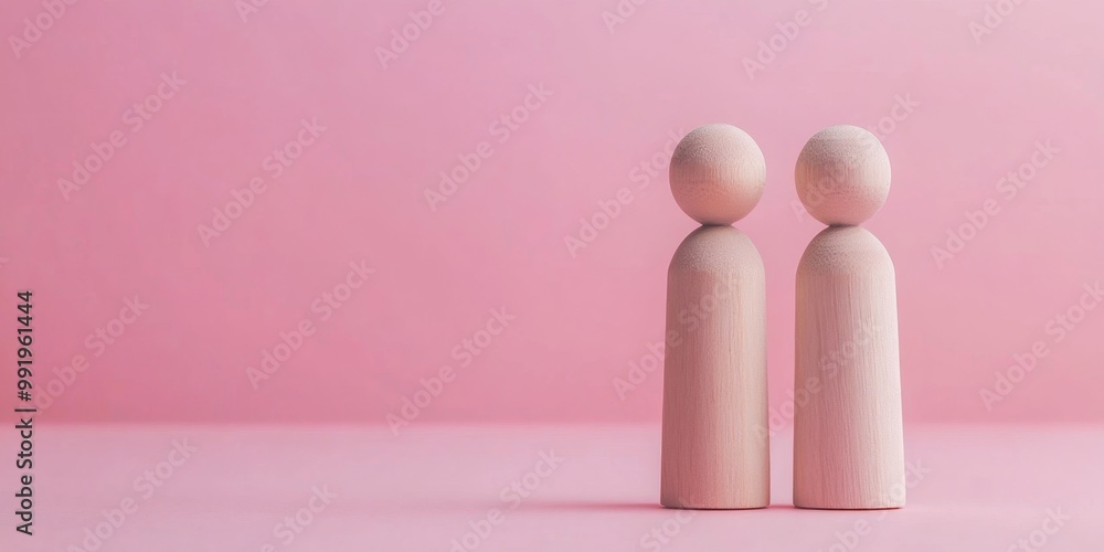 Two wooden figures symbolize employee relations on a soft pink background in creative layout Two wooden figures symbolize employee relations on a soft pink background in creative layout