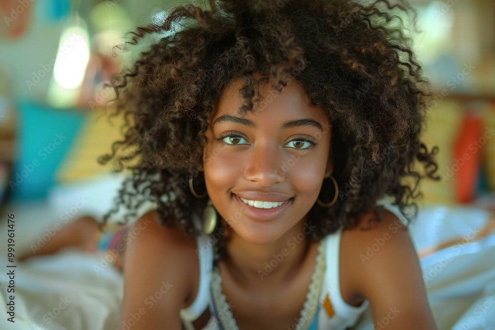 Young woman lounging on bed, smiling and enjoying music on wireless speaker Young woman lounging on bed, smiling and enjoying music on wireless speaker