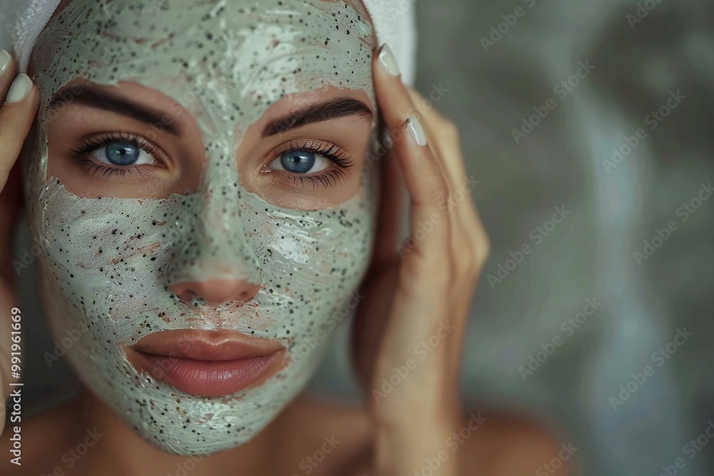 Fototapeta premium Young Woman Removes Peel-Off Mask, Revealing Beautiful Portrait