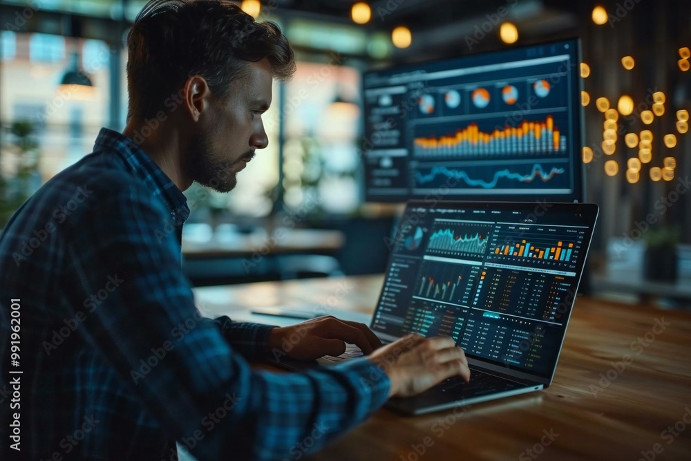 Observing a Young Business Professional Reviewing Graphs on Laptop Side View Observing a Young Business Professional Reviewing Graphs on Laptop Side View