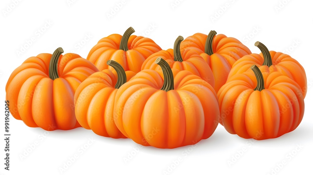 Realistic display of whole pumpkins on a white background, emphasizing their bright orange skin and ribbed surface Realistic display of whole pumpkins on a white background, emphasizing their bright orange skin and ribbed surface