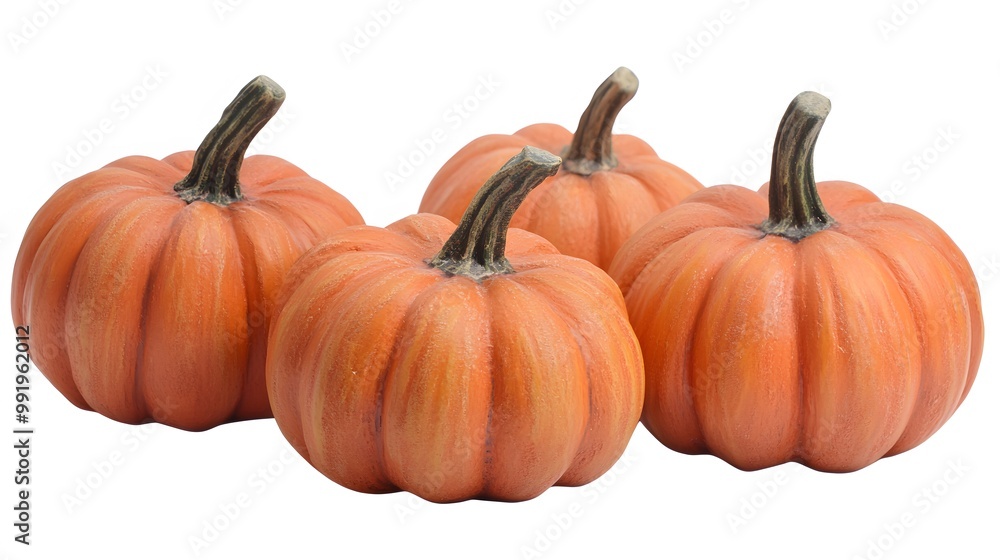 Fototapeta premium Realistic display of whole pumpkins on a white background, emphasizing their bright orange skin and ribbed surface