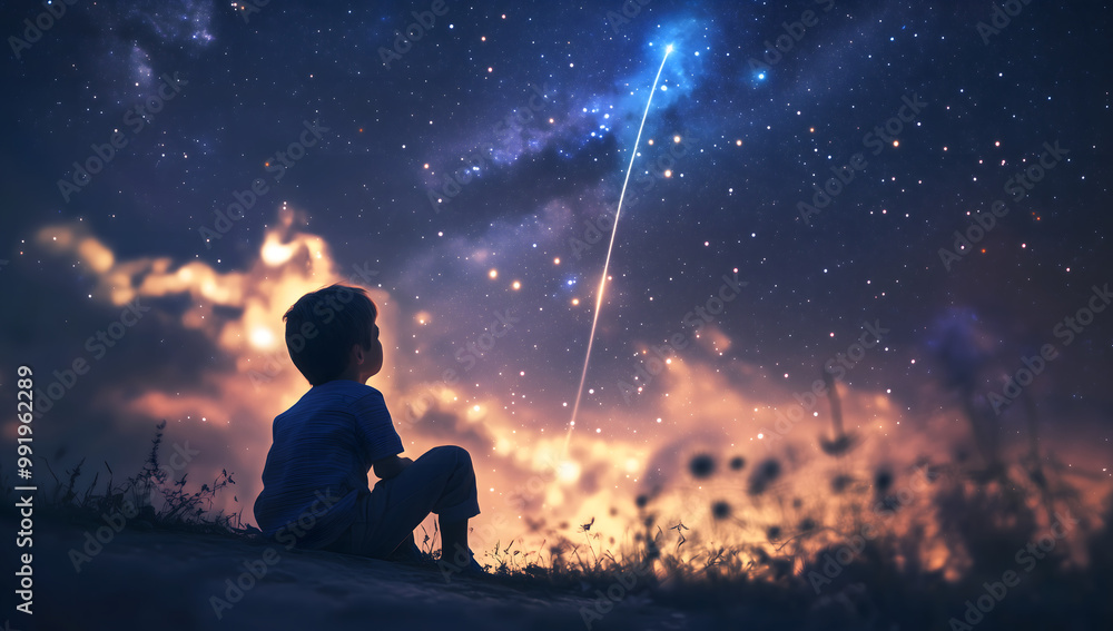 Young boy sits on the ground gazing up at an endless sky filled with stars Young boy sits on the ground gazing up at an endless sky filled with stars