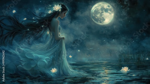 A mystical enchantress gazes at the moon's reflection by a tranquil pond adorned with shimmering butterflies photo