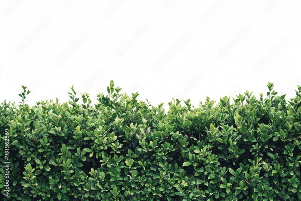 A serene scene with a row of green bushes against a bright white sky