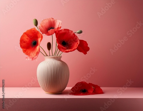 Eine Vase mit roten Mohnblumen steht auf einem rosafarbenen Untergrund, ein paar Blüten liegen daneben photo