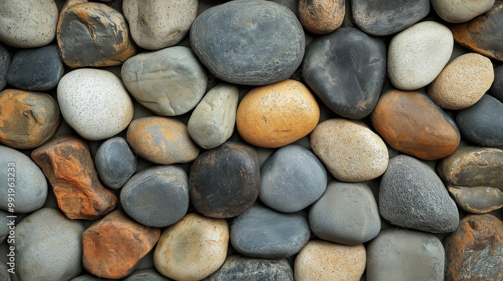 A charming pebble-stone wall showcasing an artistic arrangement of smooth, rounded stones in grey, brown, and white hues in a serene outdoor setting A charming pebble-stone wall showcasing an artistic arrangement of smooth, rounded stones in grey, brown, and white hues in a serene outdoor setting