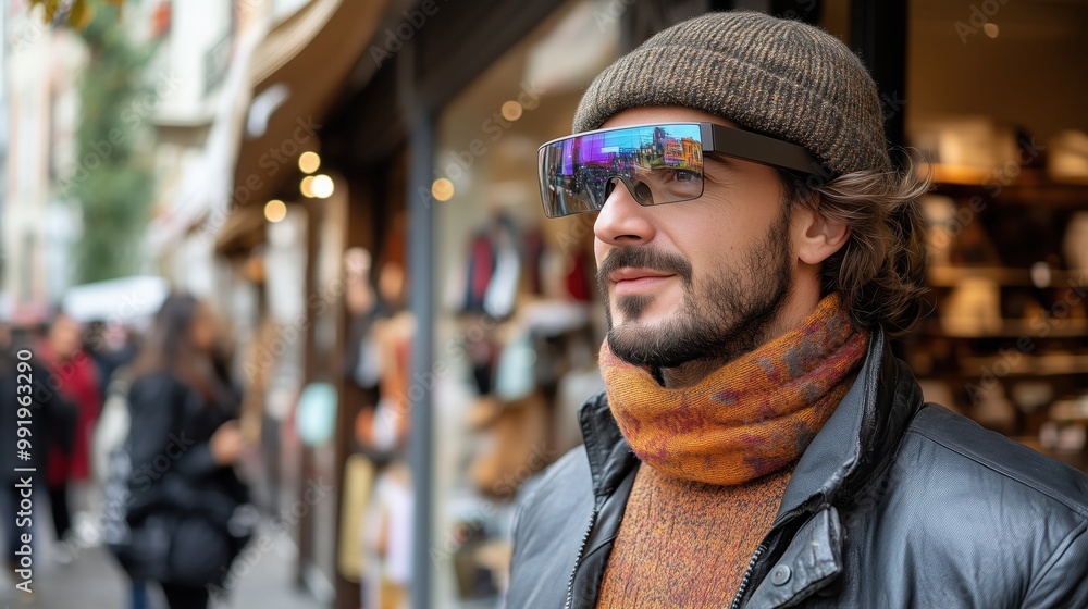 Exploring a futuristic shopping experience with augmented reality glasses in a sleek modern store Exploring a futuristic shopping experience with augmented reality glasses in a sleek modern store