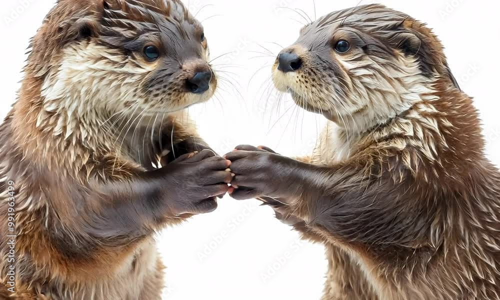 Playful otters share a tender moment during sunset in a serene riverside habitat Playful otters share a tender moment during sunset in a serene riverside habitat
