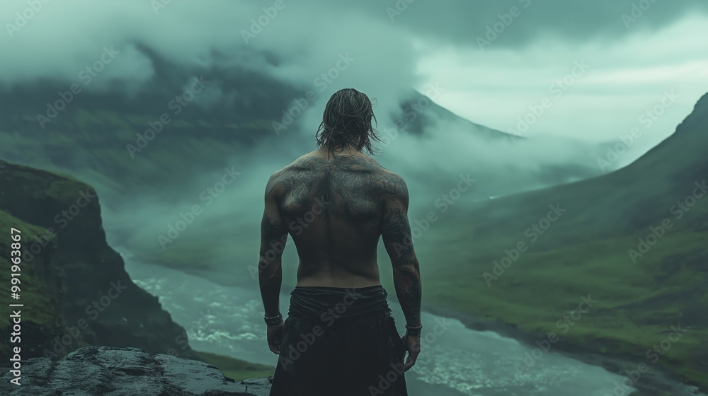 A solitary man stands defiantly on a cliff, facing a stormy valley with strength and resilience against nature's fury A solitary man stands defiantly on a cliff, facing a stormy valley with strength and resilience against nature's fury