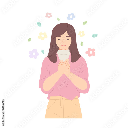 Peaceful woman is embracing her self with peace of mind isolated on white background. Concept of self-love, acceptance, mental health, self awareness, mental well-being. Flat vector illustration.